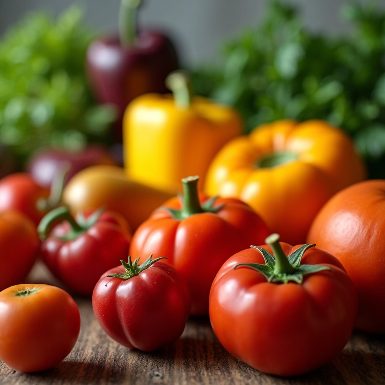Variedade de frutas e vegetais coloridos.