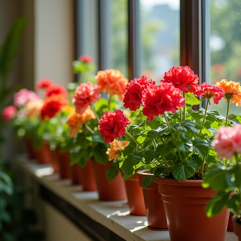 Variedade de gerânios em diferentes tipos de vasos numa varanda.