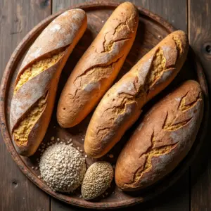 Pães Integrais Saudáveis e Saborosos Para Uma Alimentação Equilibrada Variedade de pães integrais artesanais em mesa rústica de madeira.