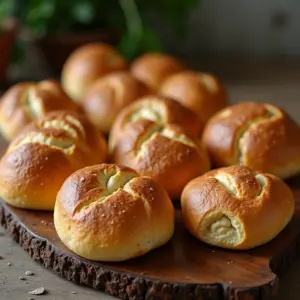 Pães Recheados Saborosos e Criativos Para o Lanche ou Jantar Variedade de pães recheados apetitosos em mesa de madeira rústica.