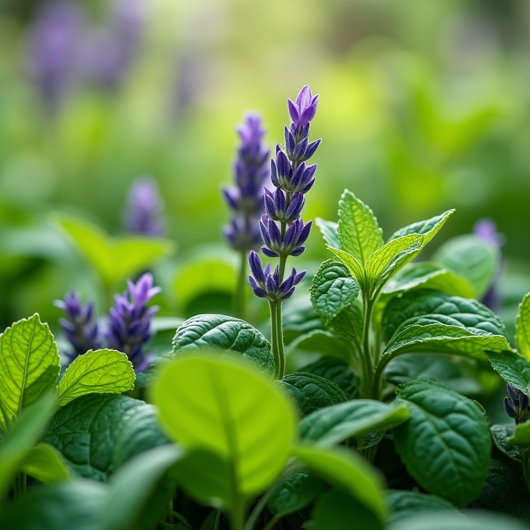 Variedade de plantas aromáticas como lavanda, hortelã e manjericão em um jardim.
