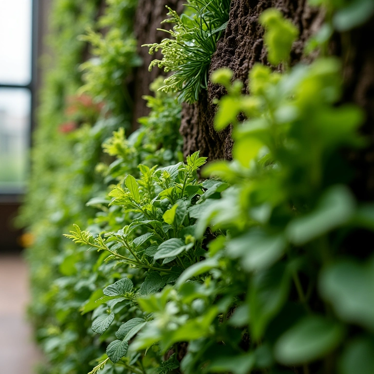 Variedade de plantas em jardim vertical pequeno.