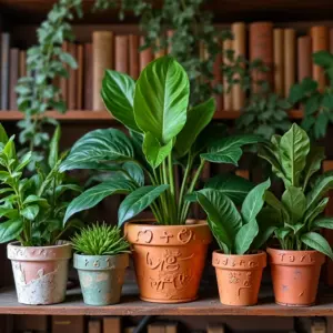 Variedade de plantas representando os signos do zodíaco em estante rústica.