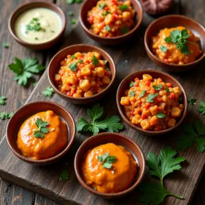 Chuchu Receitas Saudáveis e Deliciosas Para o Dia a Dia Variedade de pratos com chuchu em mesa de madeira rústica, com ervas frescas e luz natural.