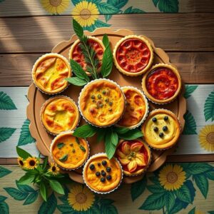 Variedade de quiches caseiras em mesa de madeira rústica com toalha colorida.