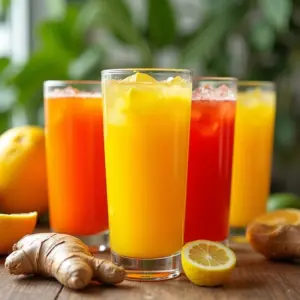 Variedade de sucos naturais com gengibre em copos coloridos, prontos para beber.