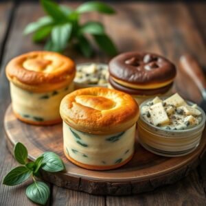 Variedade de suflês saborosos em mesa rústica de madeira, com queijo, chocolate, espinafre e goiabada com queijo.