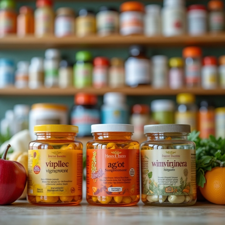 Variedade de suplementos e vitaminas veganas em loja de produtos naturais.