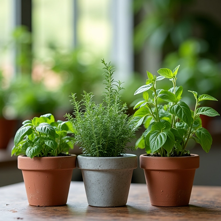 Variedade de temperos e ervas aromáticas em vasos de cimento.