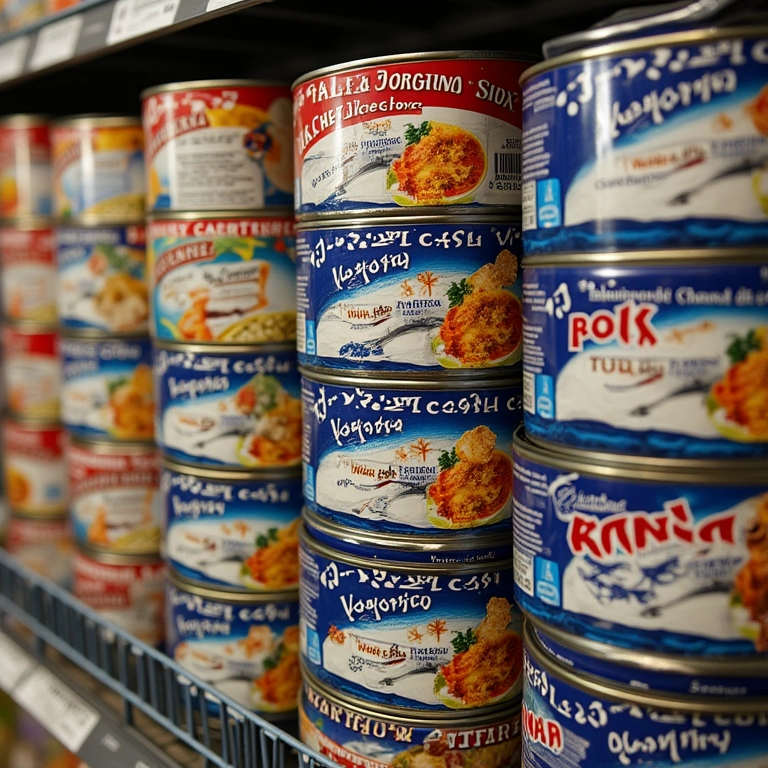 Variedade de tipos de atum enlatado expostos.