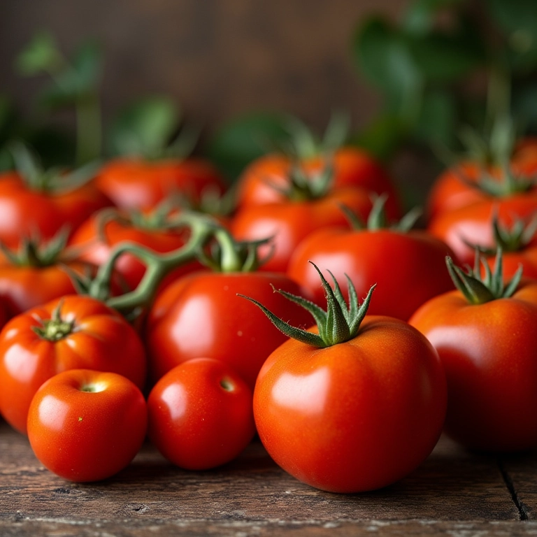 Variedade de tipos de tomate em uma mesa de madeira, mostrando a diversidade para diferentes receitas.