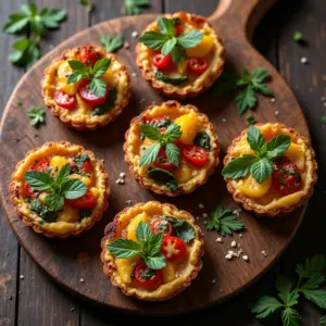 Variedade de tortas de legumes coloridas em mesa rústica, prontas para o almoço ou jantar.