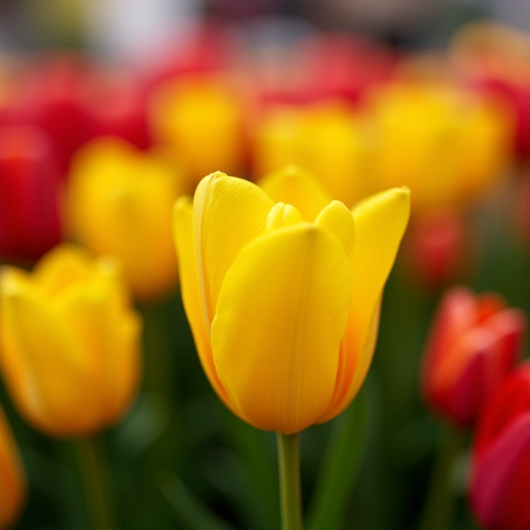 Variedade de tulipas coloridas em floricultura, com foco nas tulipas amarelas.