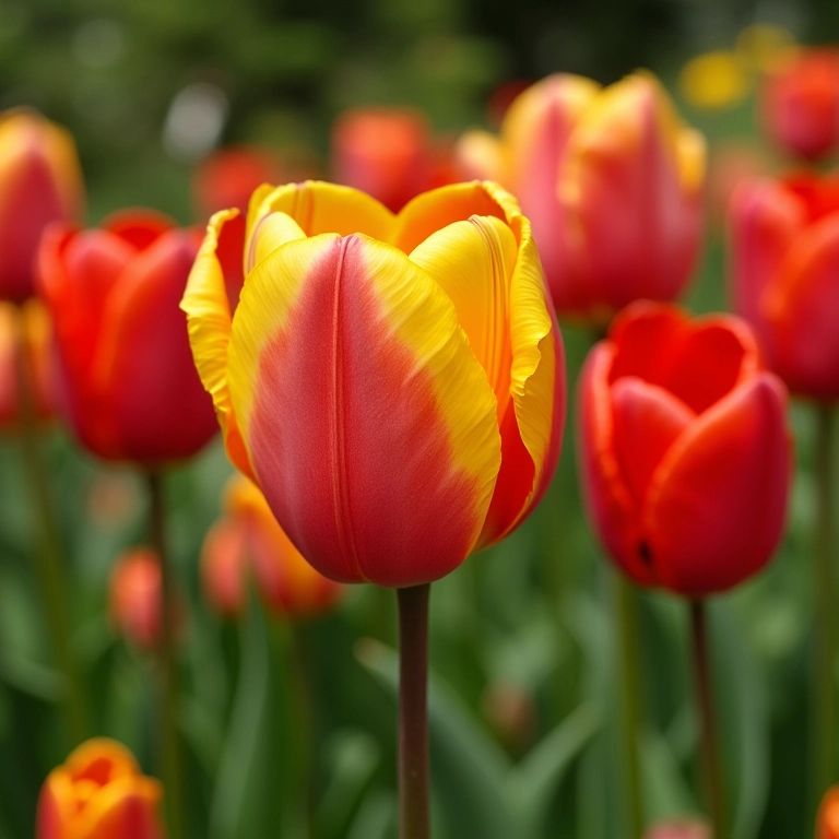Variedade de tulipas coloridas em jardim ensolarado.