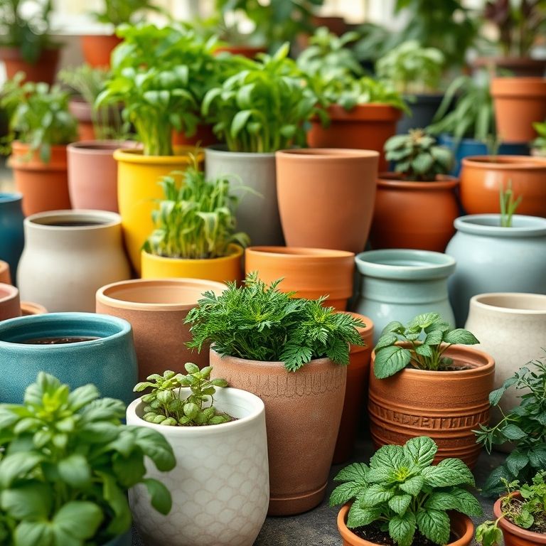 Variedade de vasos e jardineiras coloridas para horta em apartamento.