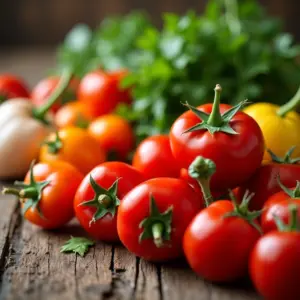 Variedade de verduras frescas e coloridas em mesa de madeira rústica.