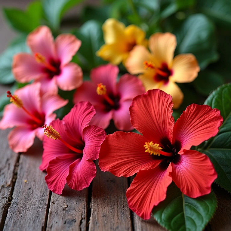 Variedades de hibisco exibidas em mesa rústica.