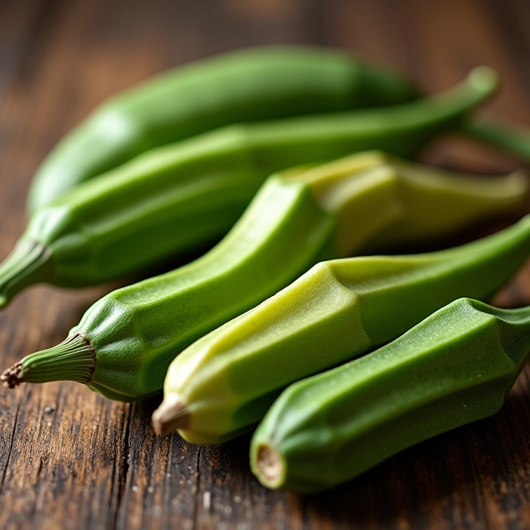 Variedades de quiabo em mesa de madeira rústica.