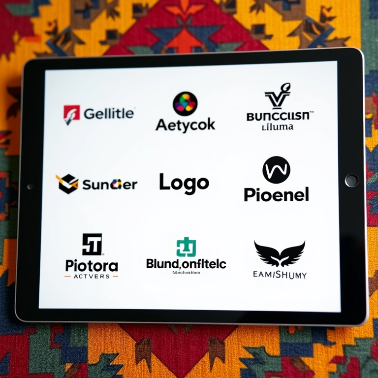 Vários designs de logotipo exibidos em um tablet.