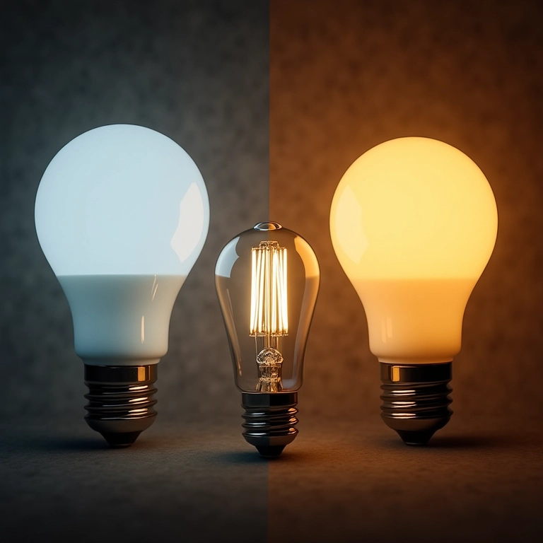 Vários tipos de lâmpadas, incluindo LED e incandescentes, mostrando diferentes intensidades.