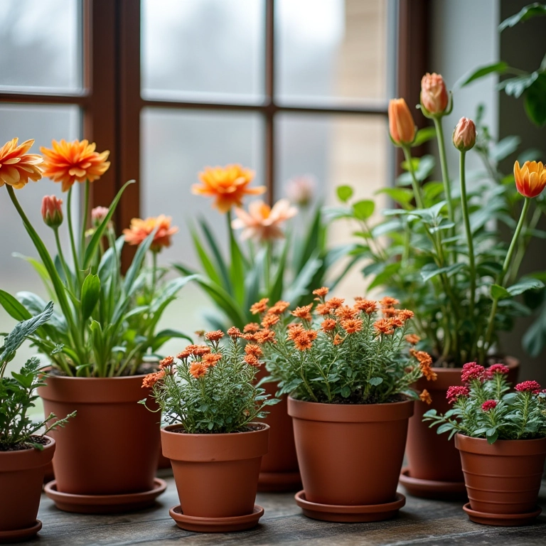 Vários vasos de terracota com flores de inverno dentro de um jardim envidraçado.