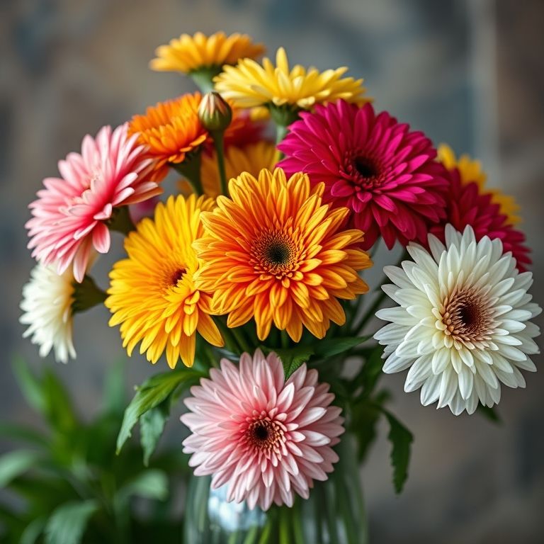 Vaso com crisântemos de diversas cores.