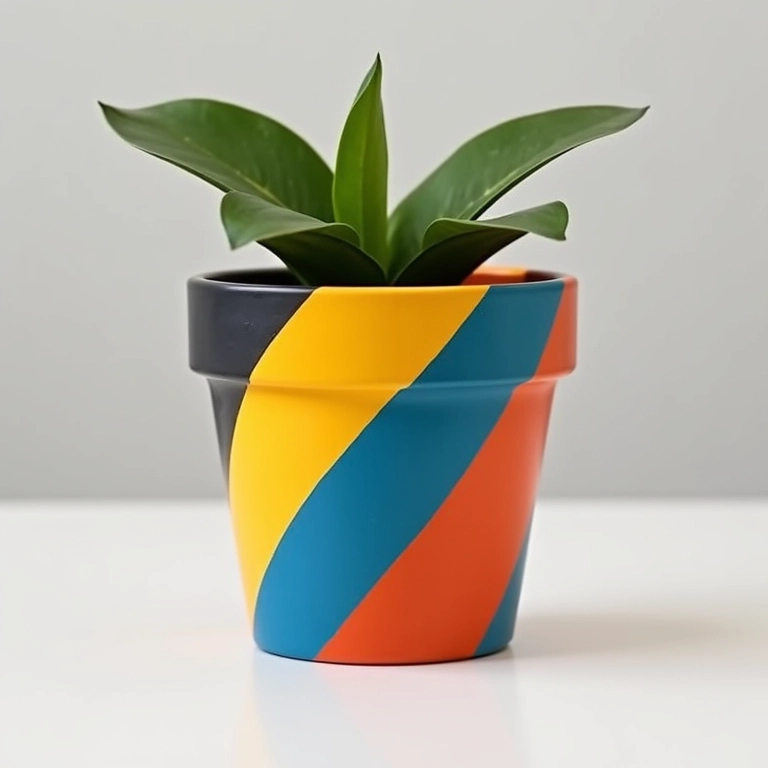 Vaso com pintura geométrica usando fita crepe, design moderno.