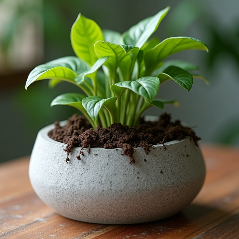 Vaso de cimento com paredes espessas protegendo as raízes da planta.