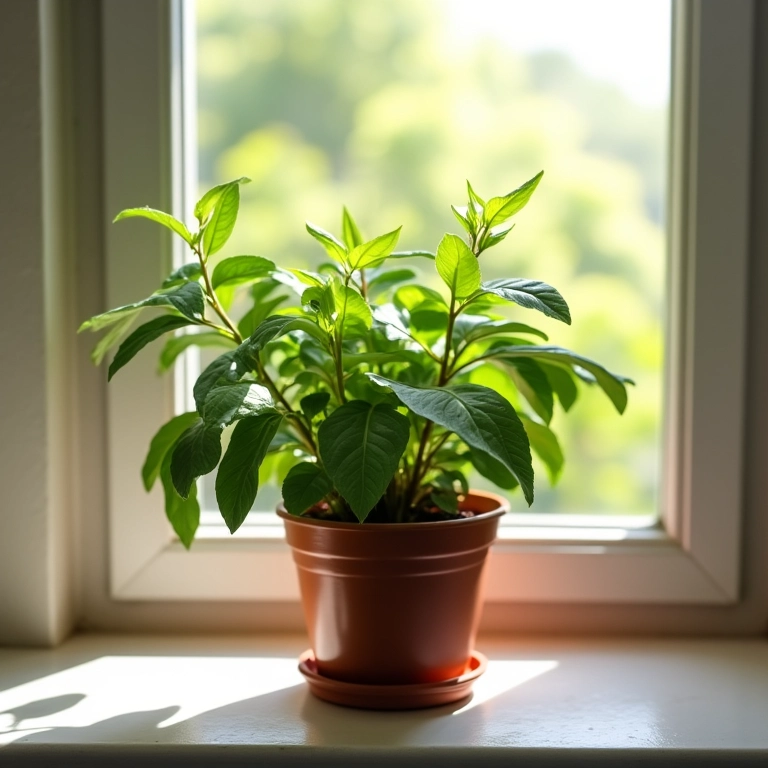 Vaso de erva cidreira em parapeito ensolarado.