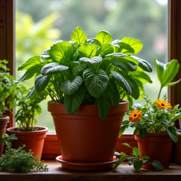 Vaso de espinafre em sacada ensolarada.