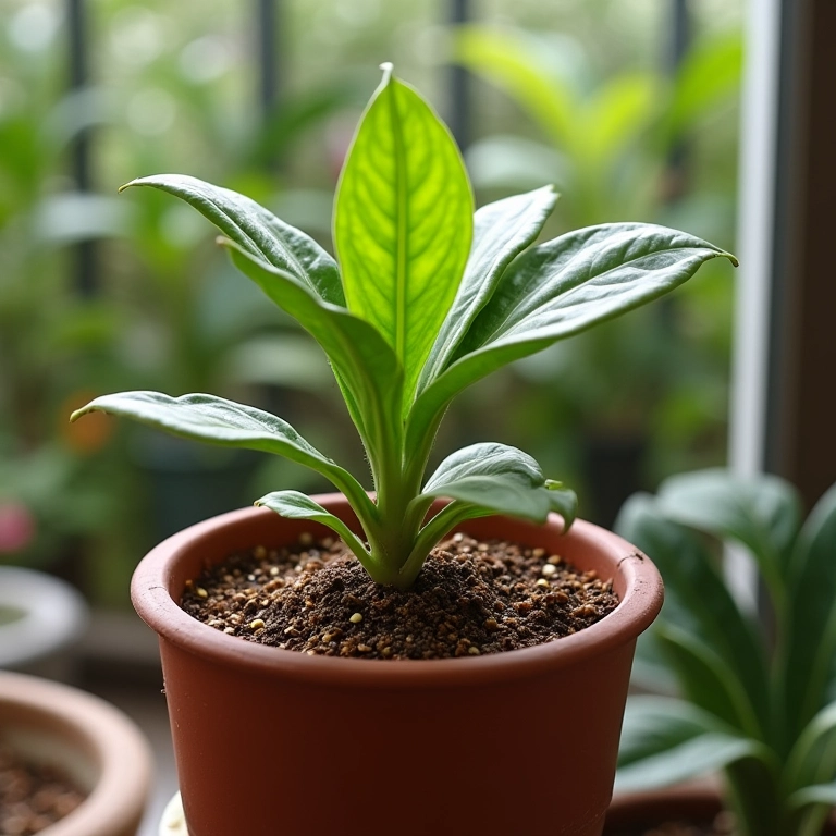 Vaso de planta com cinzas de madeira aplicadas no solo em uma varanda.