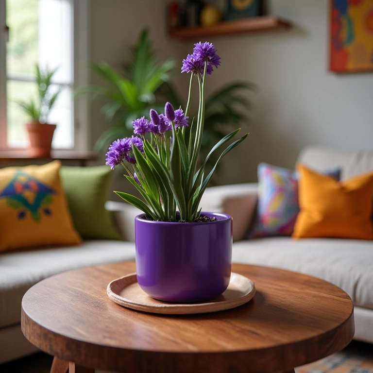 Vaso de violetas coloridas na mesa de centro.