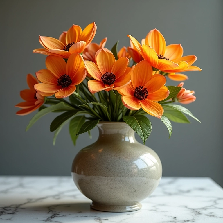 Vaso elegante com flores artificiais, estilo artesanal brasileiro.