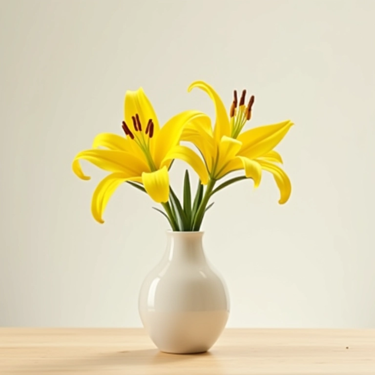 Vaso minimalista com lírios amarelos elegantes sobre mesa de madeira clara.