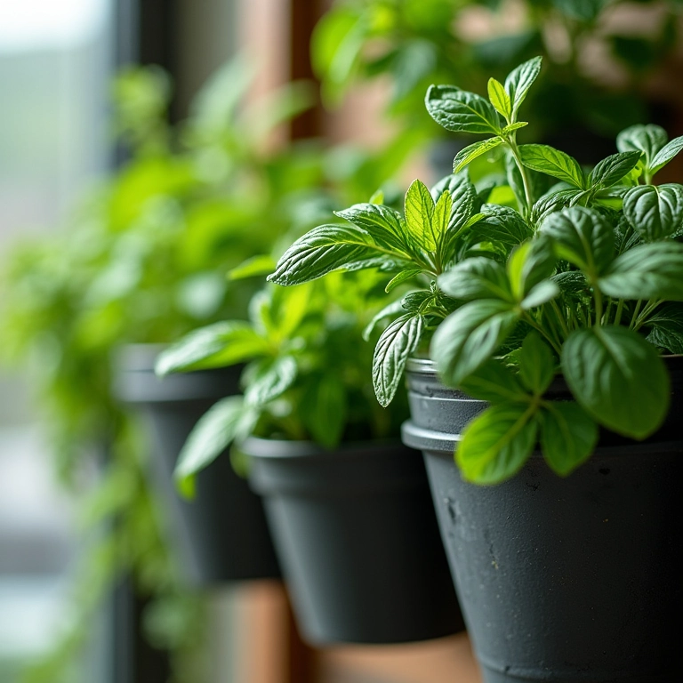 Vasos autoirrigáveis com ervas crescendo em jardim vertical.