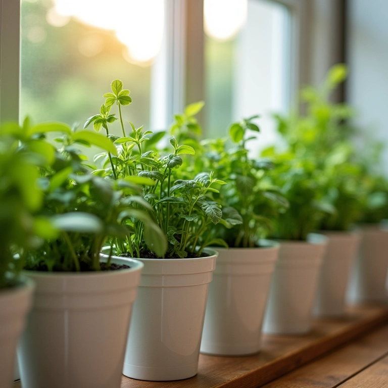 Vasos autoirrigáveis com temperos em uma cozinha iluminada.