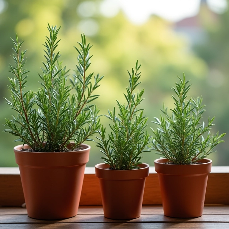 Vasos de alecrim de diferentes tamanhos.