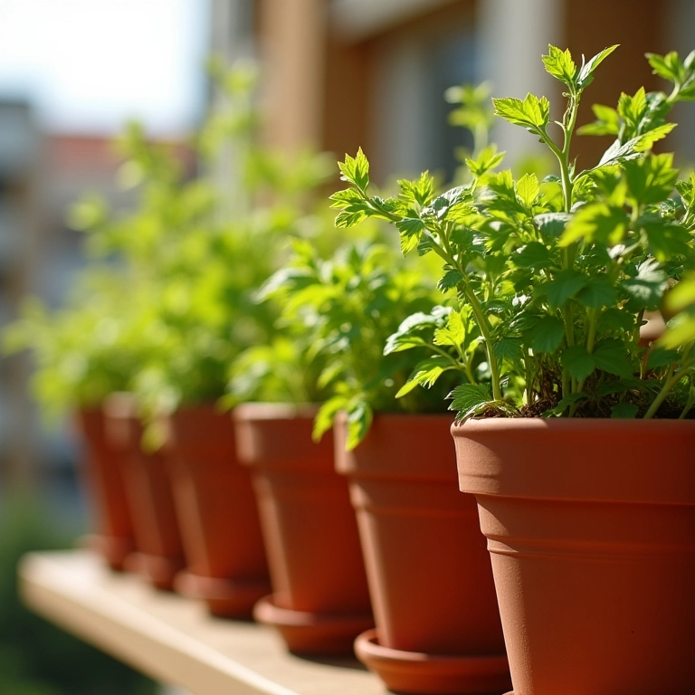 Vasos de barro com ervas em uma varanda ensolarada no Brasil.