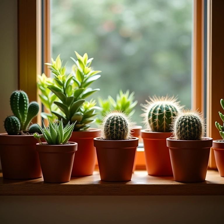 Vasos de barro com suculentas e cactos em uma janela ensolarada no Brasil.