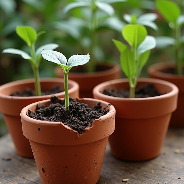 Vasos de barro rachados com solo seco e planta murcha.