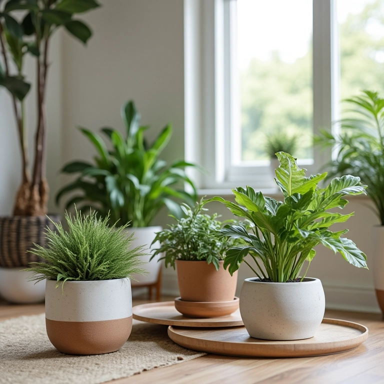 Vasos de cerâmica, cimento e fibra natural na decoração da sala.