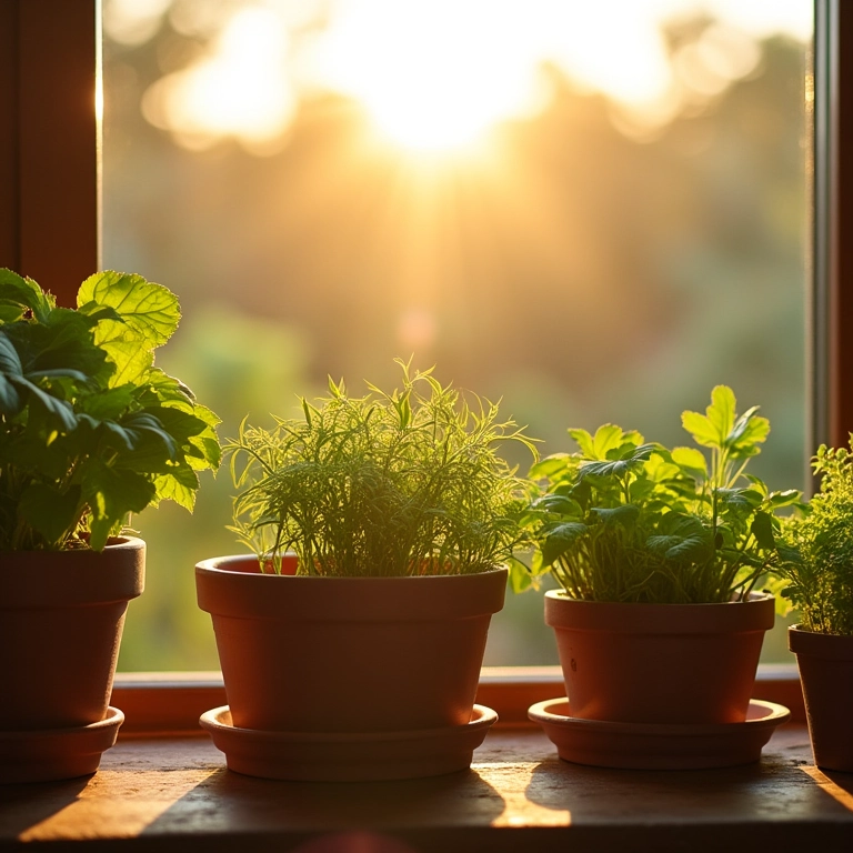Vasos de cimento com ervas expostos à luz solar direta.