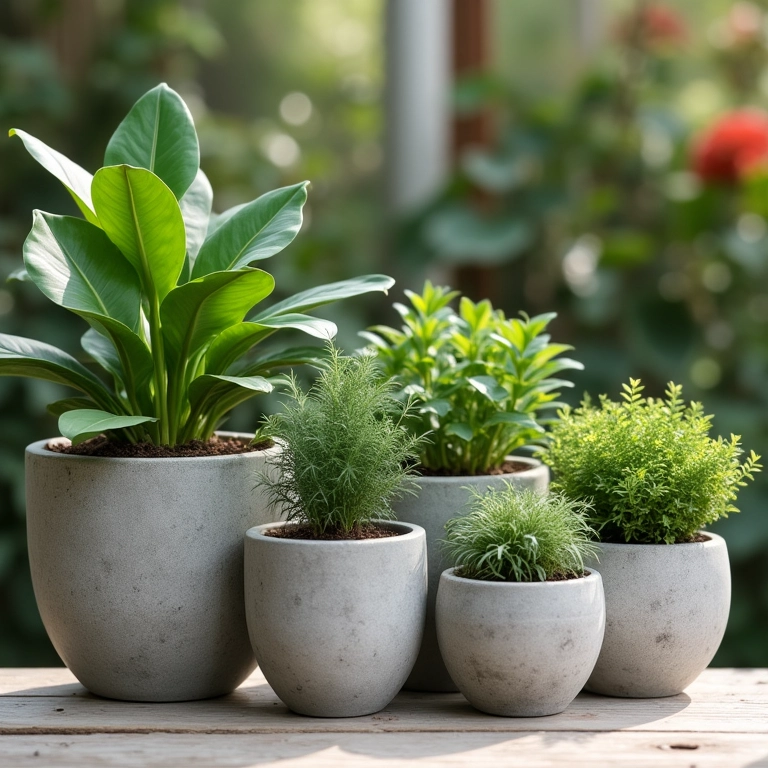 Vasos de cimento de diferentes tamanhos com plantas.
