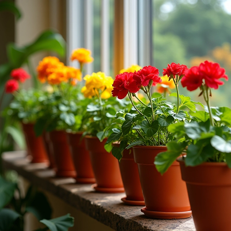 Vasos de diferentes tamanhos com gerânios coloridos em uma varanda.