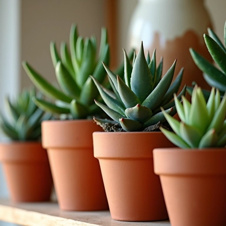 Vasos de diferentes tamanhos com suculentas saudáveis.