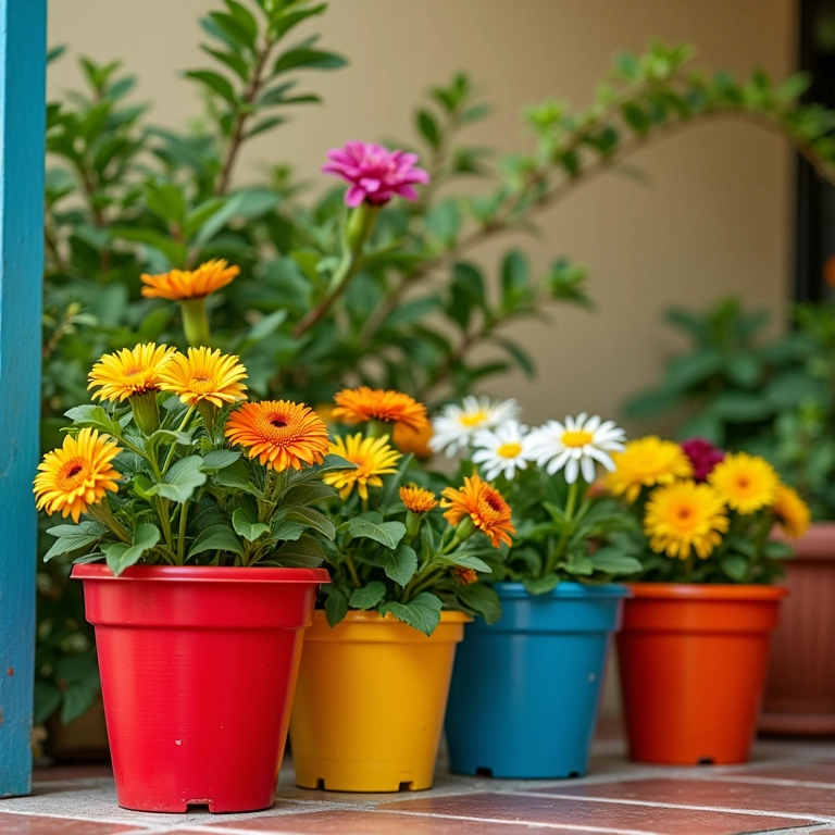 Vasos de plástico coloridos com flores exuberantes em um pátio brasileiro.