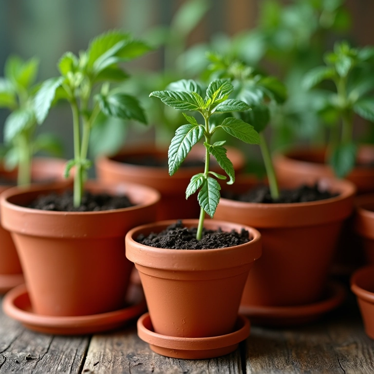 Vasos de terracota para plantar tomate italiano.
