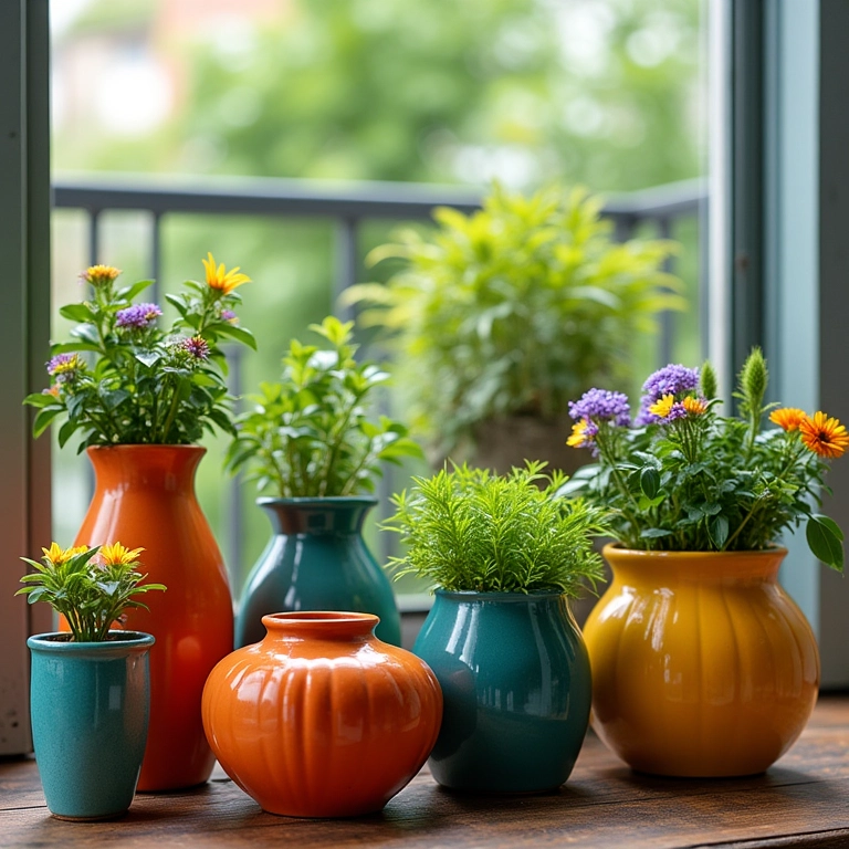 Vasos e recipientes coloridos para horta urbana em varanda.