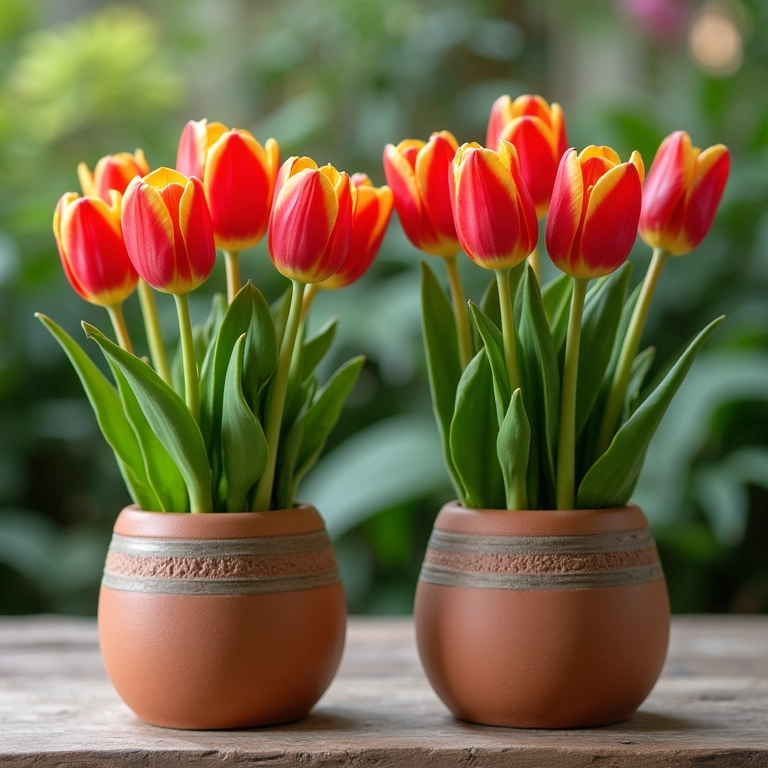 Vasos Nutriplan com tulipas coloridas.