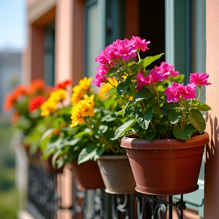 Vasos suspensos com gerânios coloridos em uma varanda de apartamento.